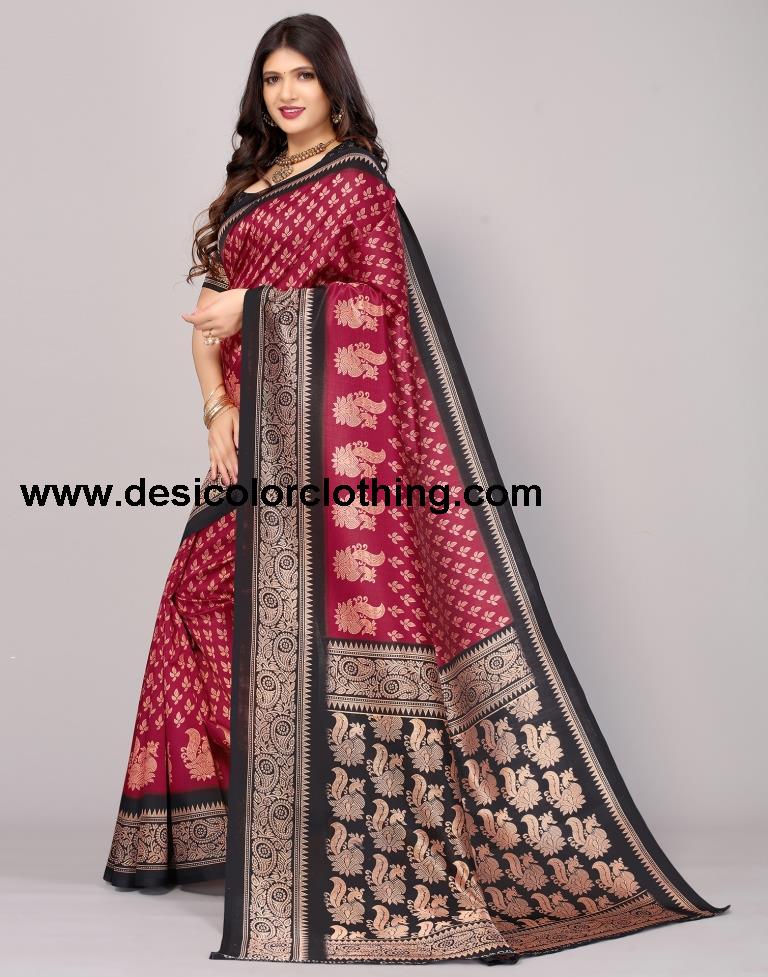 Cherry Red Printed Silk Saree