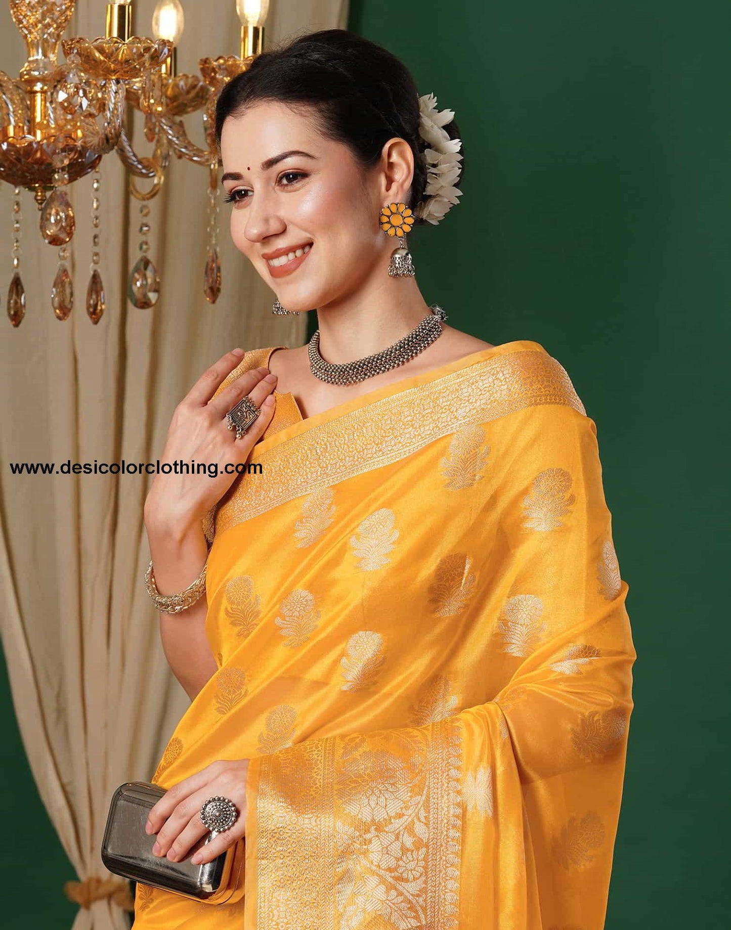 Yellow Banarasi Silk Woven Saree