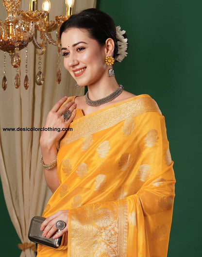 Yellow Banarasi Silk Woven Saree
