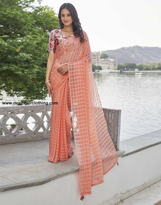 Peach Checkered Chiffon Woven Saree