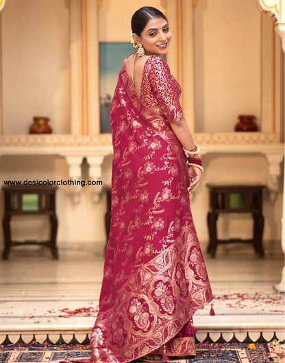 Dark Pink Silk Plain Saree