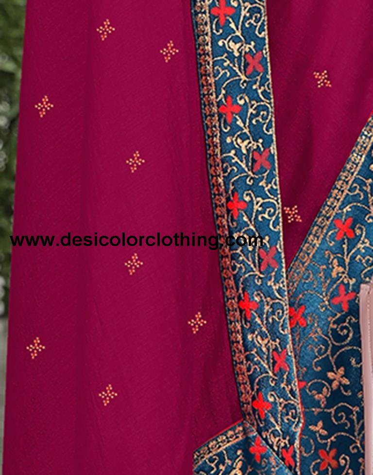 Dark Pink & Blue Silk Saree with Lace, Hot Fixing & Jacquard Brocade Blouse