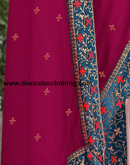 Dark Pink & Blue Silk Saree with Lace, Hot Fixing & Jacquard Brocade Blouse