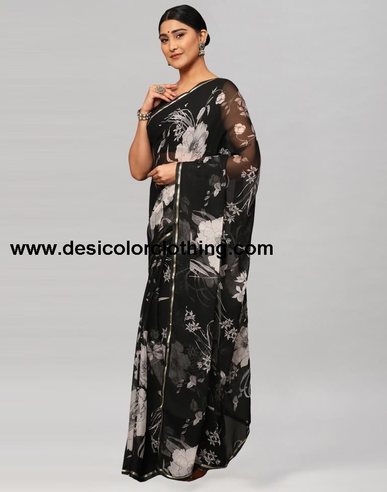 Black Printed Chiffon Saree