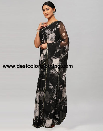 Black Printed Chiffon Saree