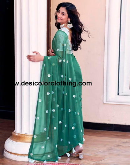 Dusty Green Georgette Embroidery Saree