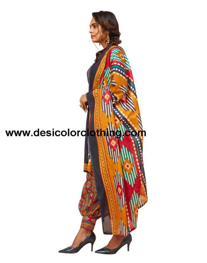 Vintage Navy Blue Cotton Printed Unstitched Salwar Suit