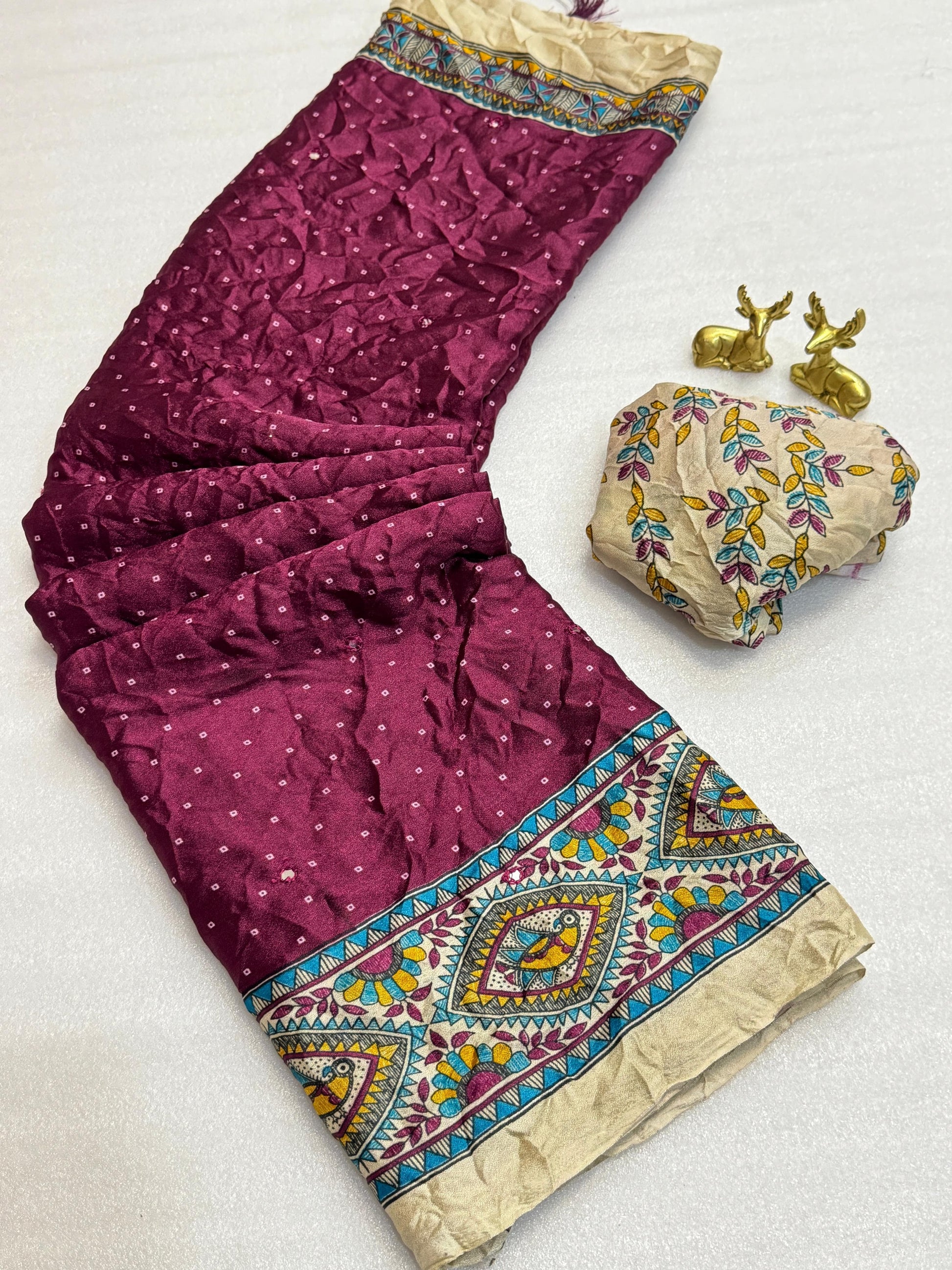 Product Image - Designer Kalamkari Bandhej Saree with Royal Mirror Work