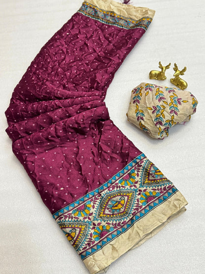 Product Image - Designer Kalamkari Bandhej Saree with Royal Mirror Work