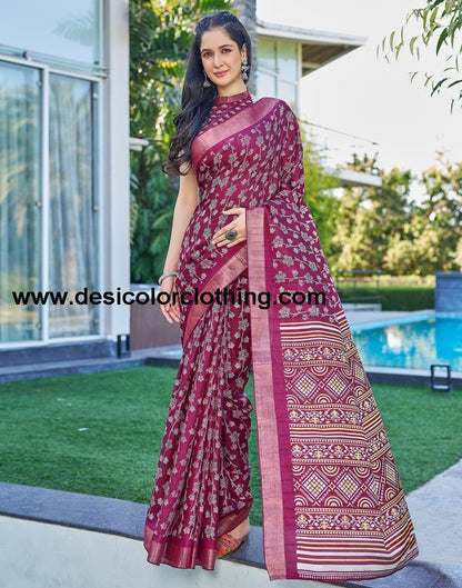 Wine Silk Printed Saree