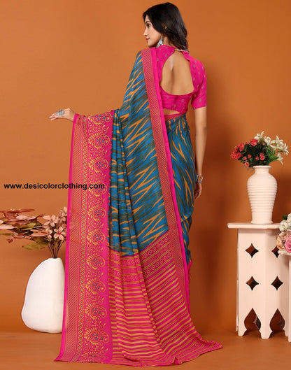 Teal Blue Georgette Printed Saree