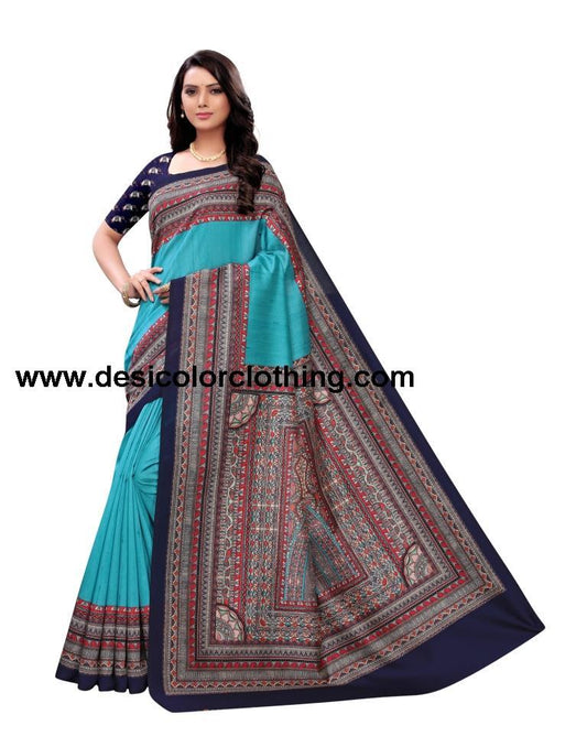 Torquise Blue Coloured Poly Silk Digital Printed Partywear saree