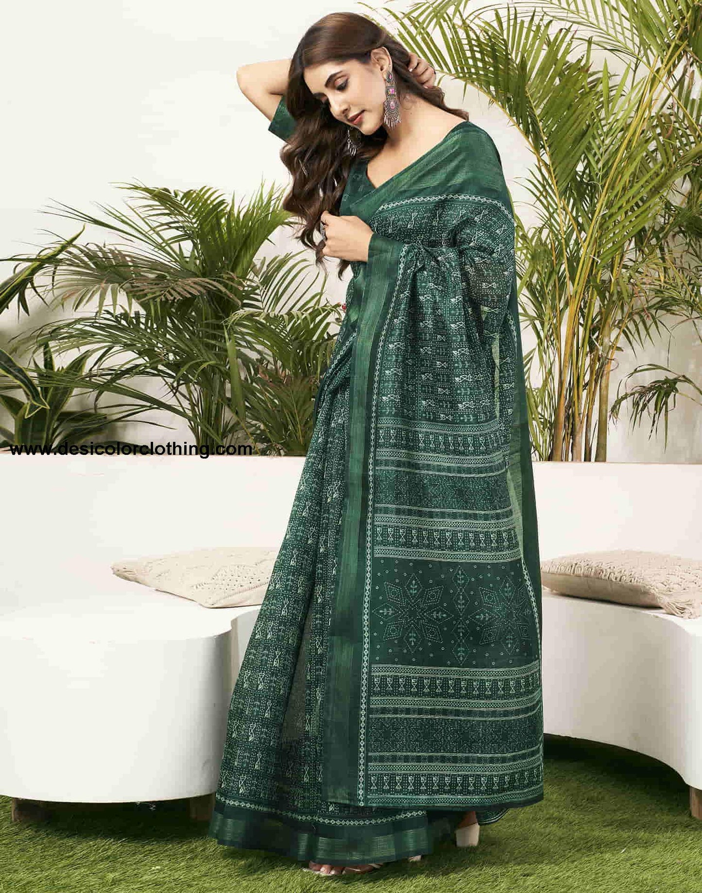 Dark Green Cotton Printed Saree