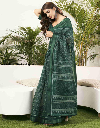 Dark Green Cotton Printed Saree