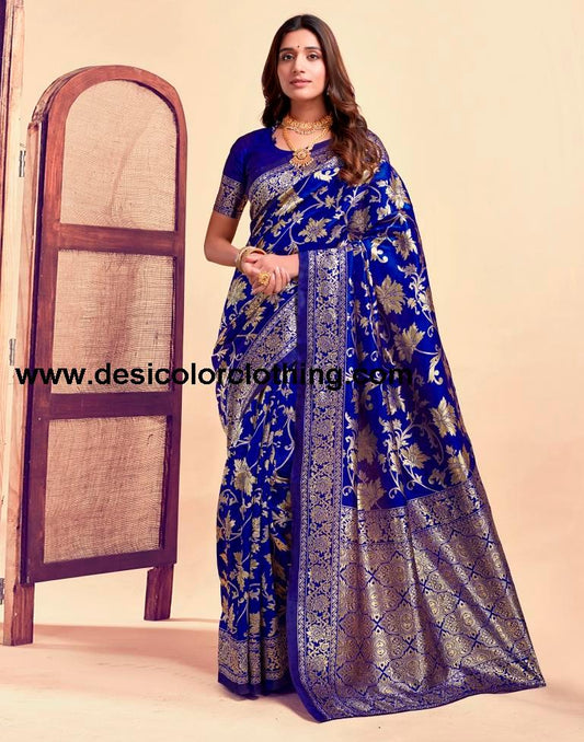 Dark Blue and Golden Silk Saree with Jacquard Border & Matching Blouse