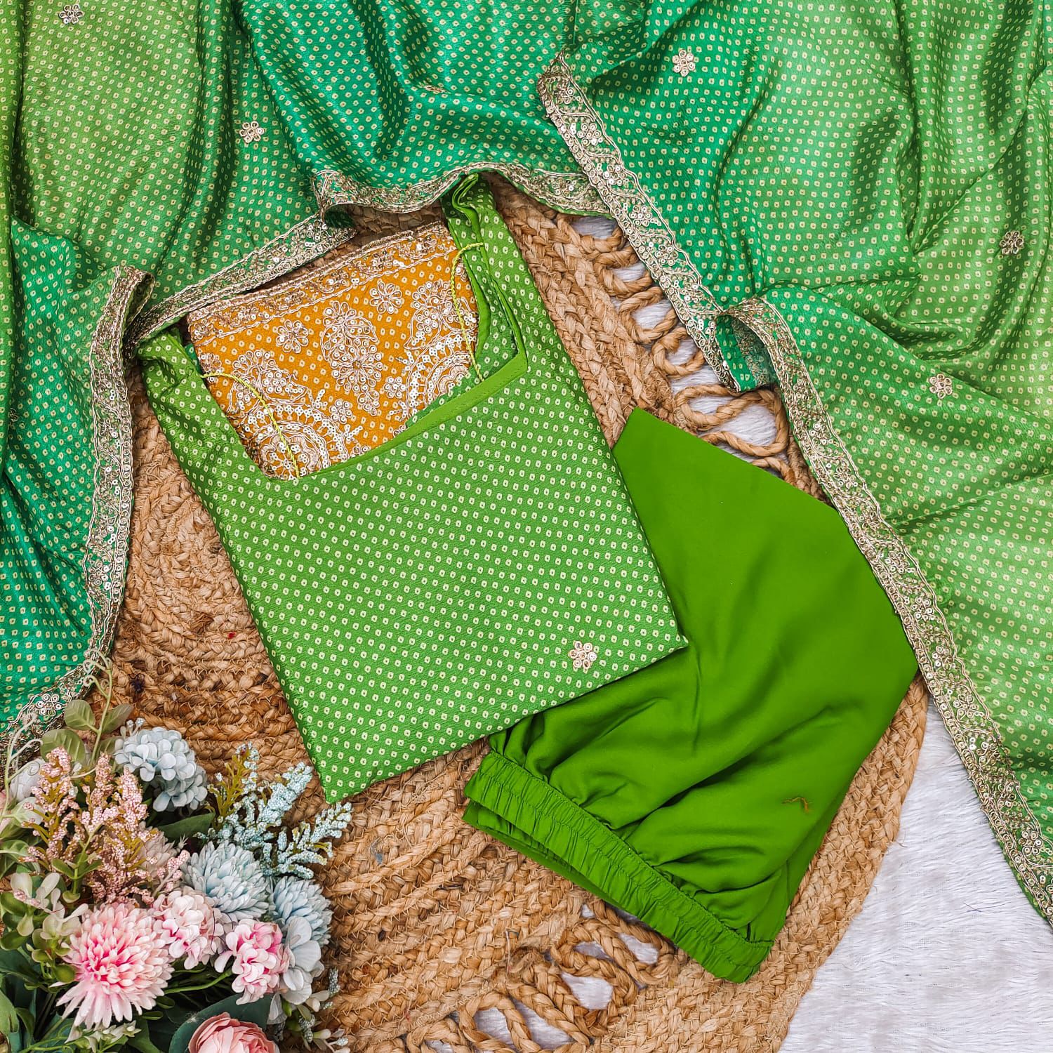 Product Image - Elegant Green Bandhej Print Suit with Beadwork | Designer Festive Wear