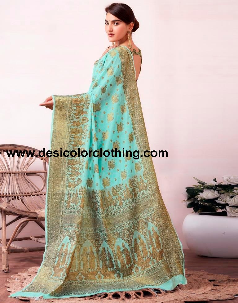 Elegant Blue and Golden Cotton Silk Saree with Plain Woven Design and Matching Blouse