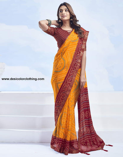 Yellow Bandhani Chiffon Saree