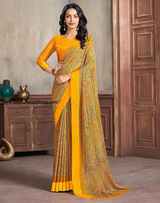 Yellow Printed Chiffon Saree