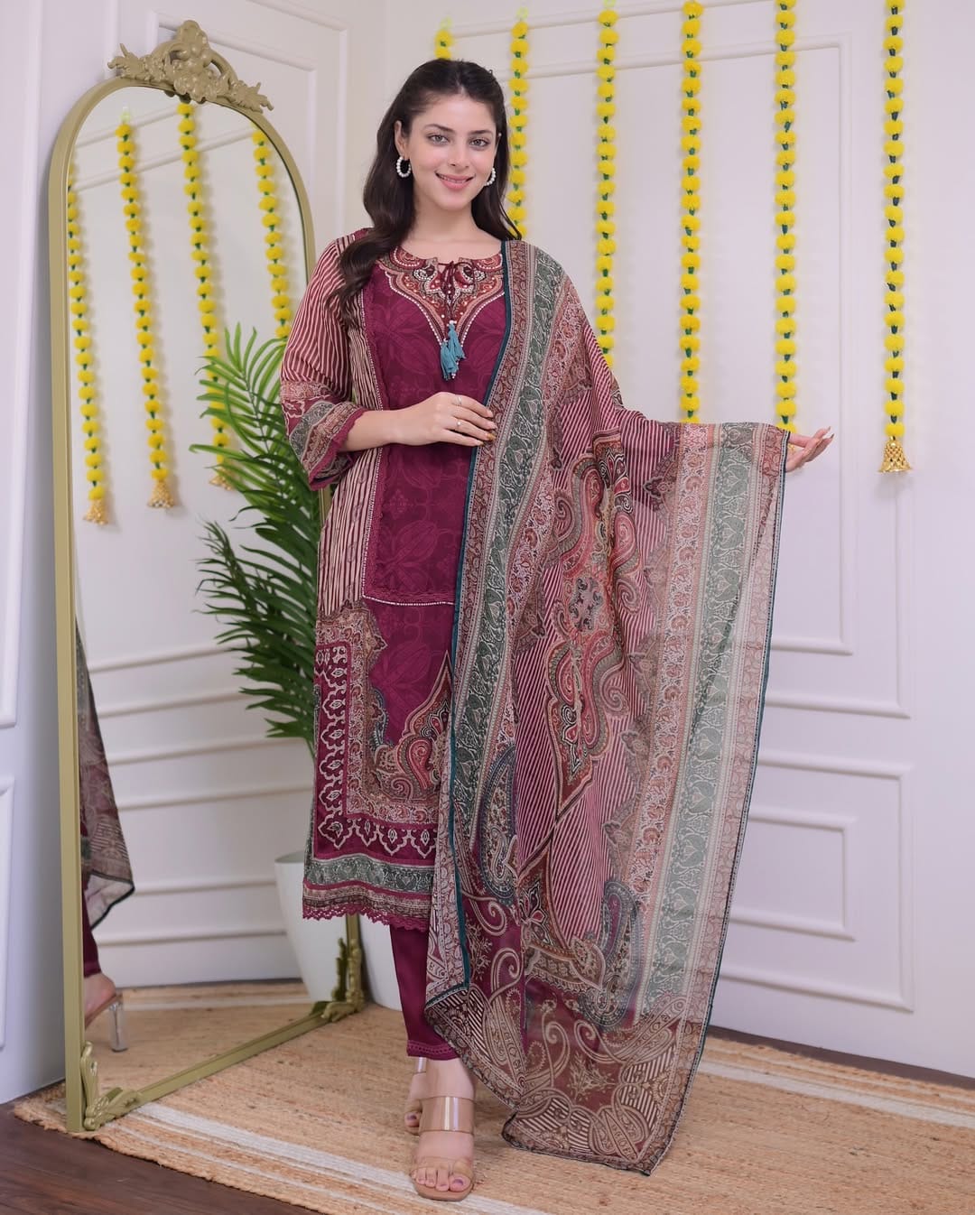 Product Image - Elegant Rajhans Muslin Pakistani Suit - Digital Prints & Hand Embroidery