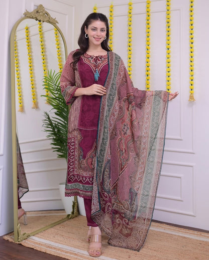 Product Image - Elegant Rajhans Muslin Pakistani Suit - Digital Prints & Hand Embroidery