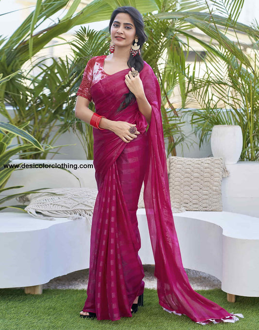 Rani Pink Chiffon Zari Plain Saree