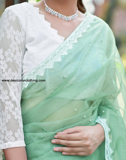 Pista Green Net Plain Saree
