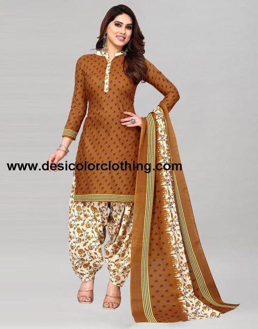 Brown Printed Cotton Unstitched Salwar Suit Material