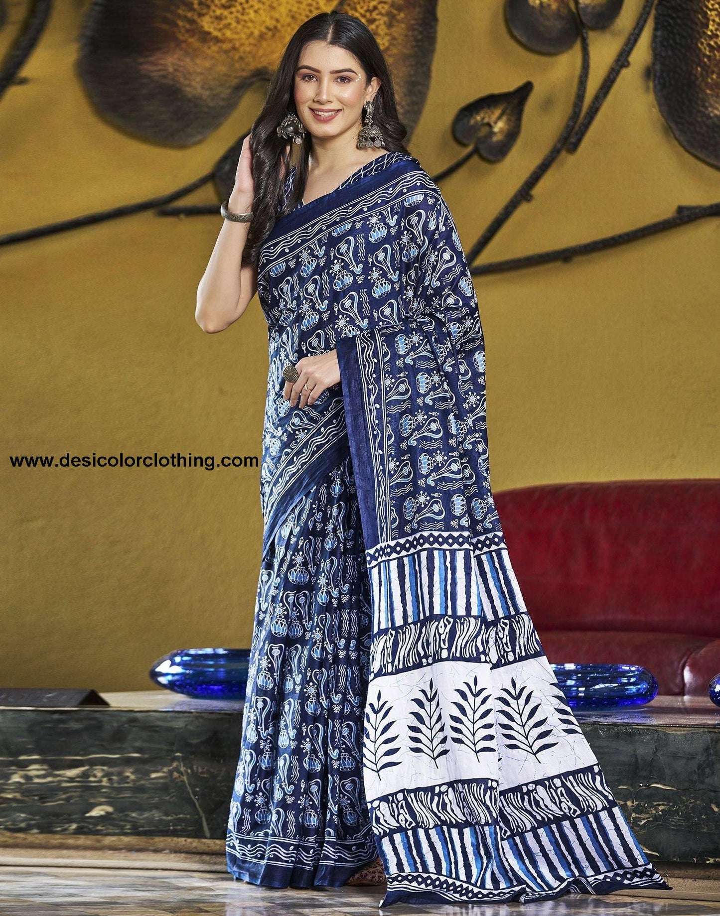 Dark Blue Printed Cotton Pre-Draped Saree