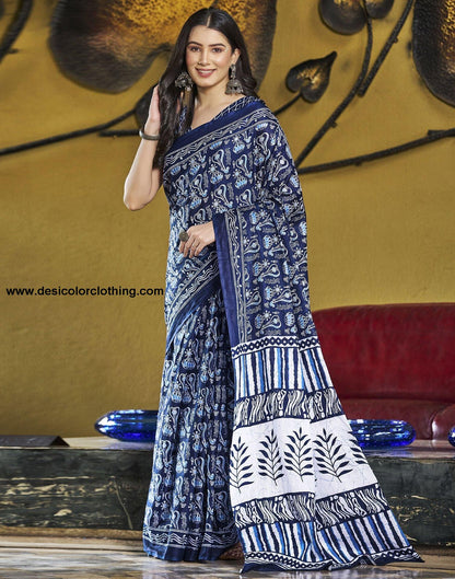 Dark Blue Printed Cotton Pre-Draped Saree