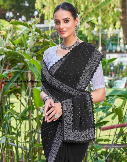 Black Swarovski Georgette Stone Work Saree