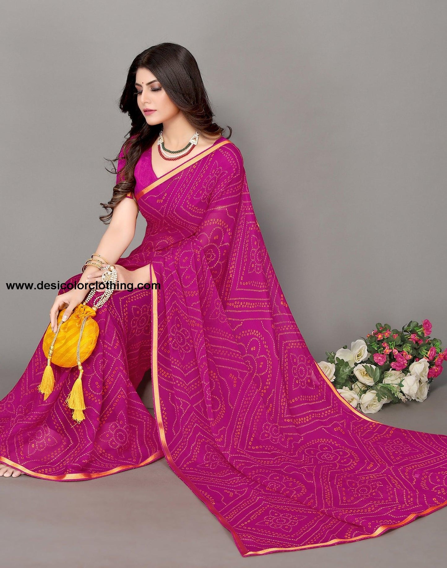Pink Bandhani Printed Saree