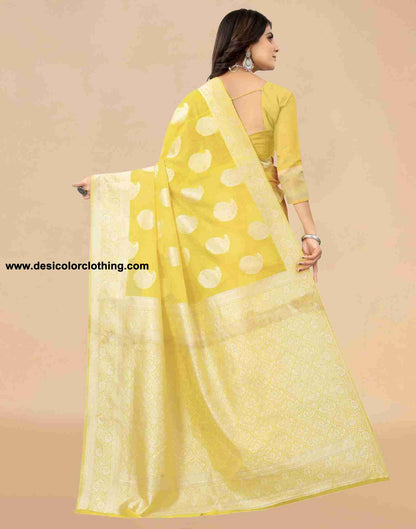 Yellow Cotton Plain Saree