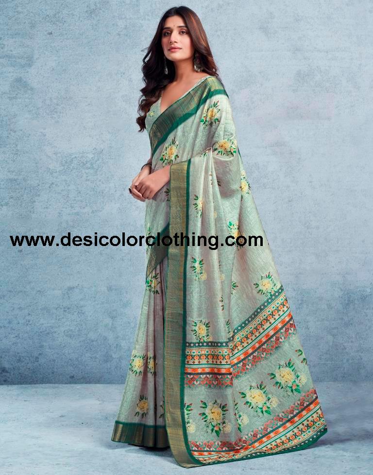 Dusty Green Silk Printed  Saree