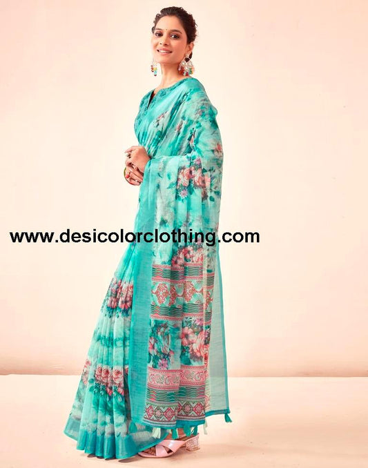 Blue Linen Printed Sarees