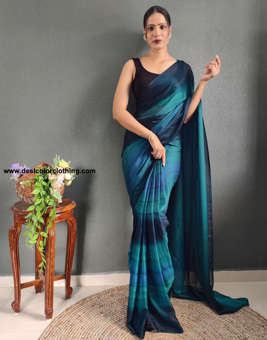 Blue Printed Georgette Pre-draped Saree
