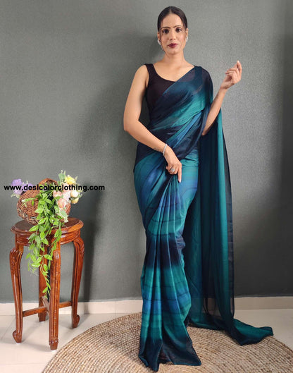 Blue Printed Georgette Pre-draped Saree
