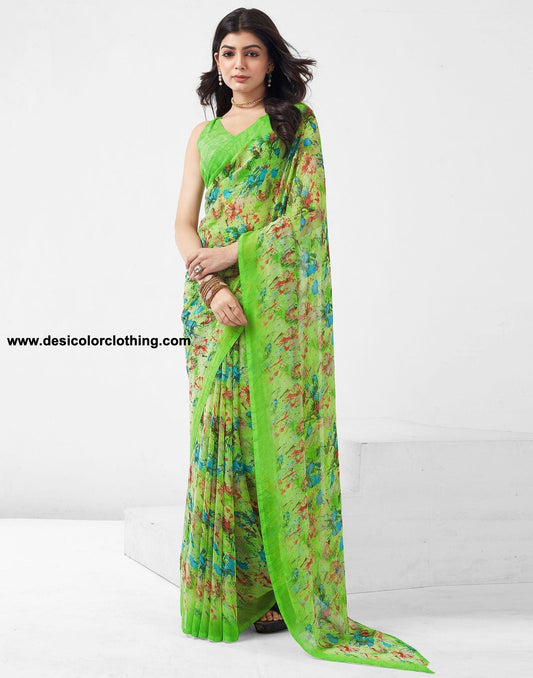 Parrot Green Printed Georgette Saree