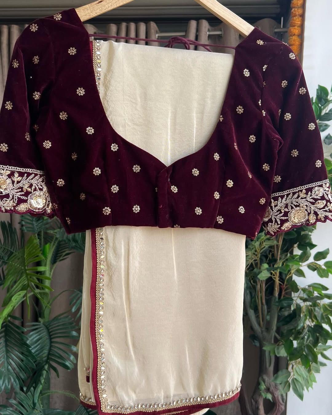 Product Image - Designer Mirror Lace Saree with Velvet Embroidery Blouse
