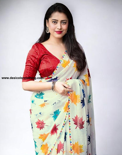 White Printed Georgette Saree