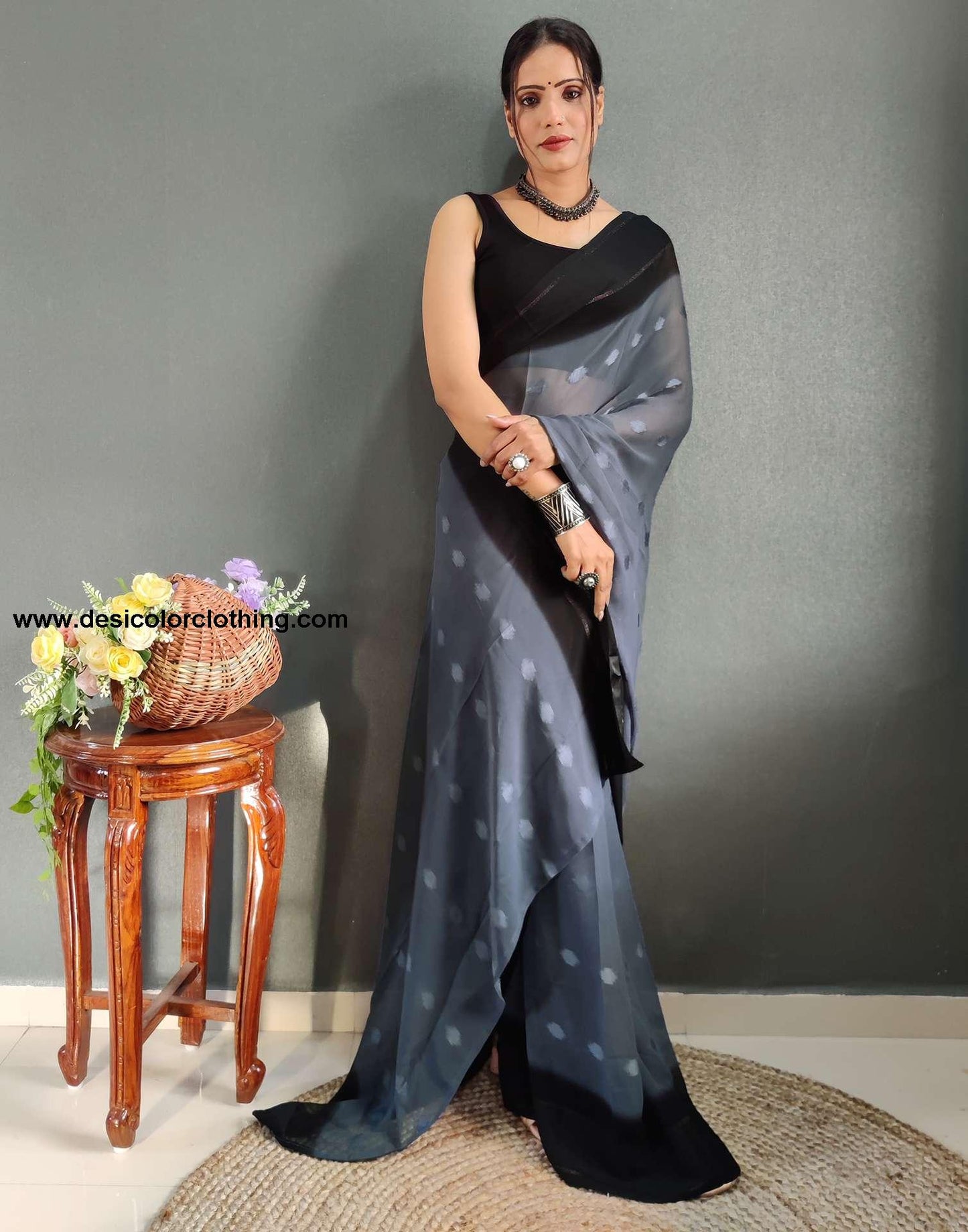Steel Blue Plain Georgette Pre-draped Saree