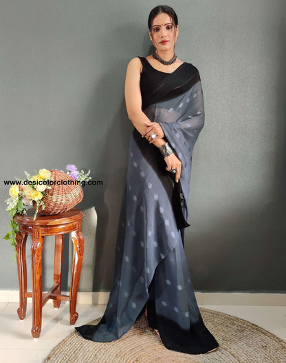 Steel Blue Plain Georgette Pre-draped Saree