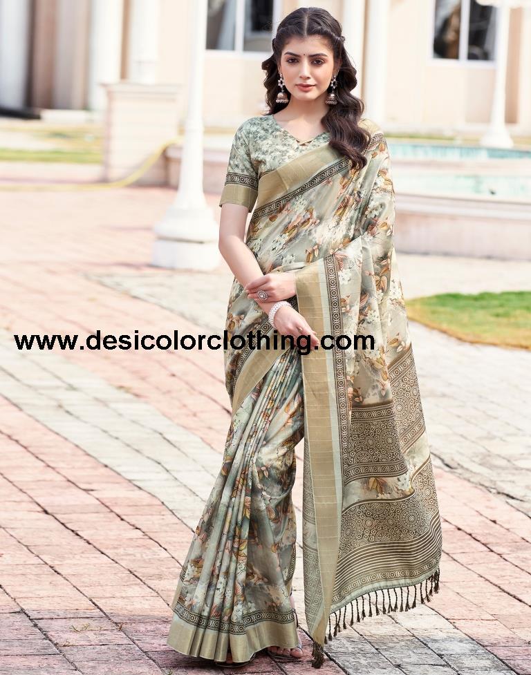Beige Silk Printed Sarees