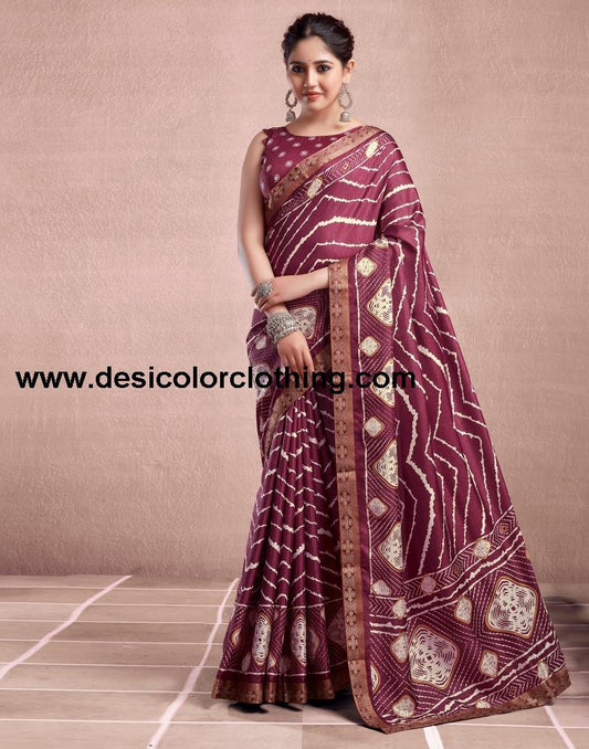 Dusty Maroon Silk Printed Saree