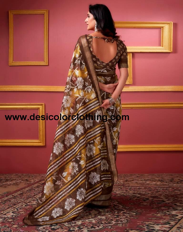 Brown Cotton Zari Saree