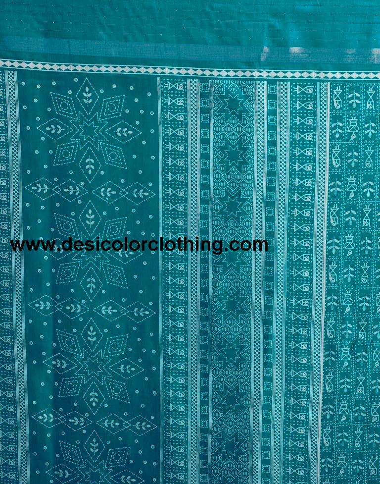 Teal Blue Silk Printed  Saree