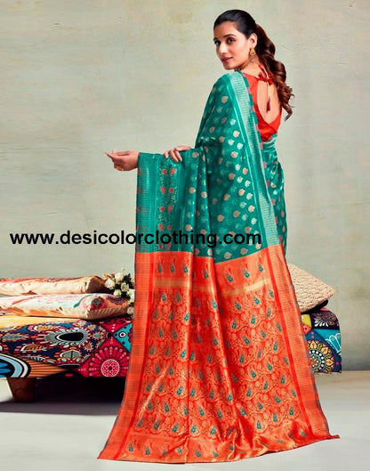 Teal Green Silk Woven Saree