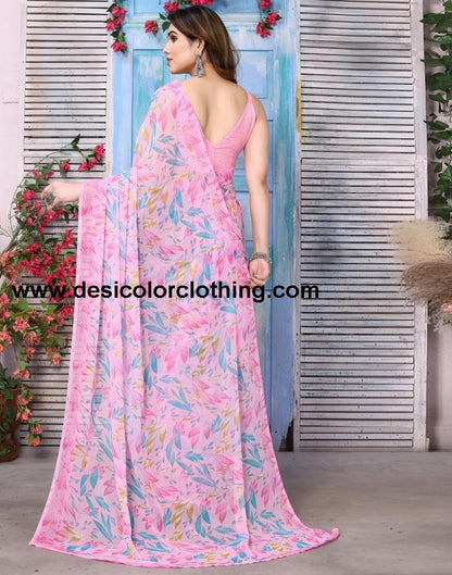 Pink Chiffon Floral Printed Saree