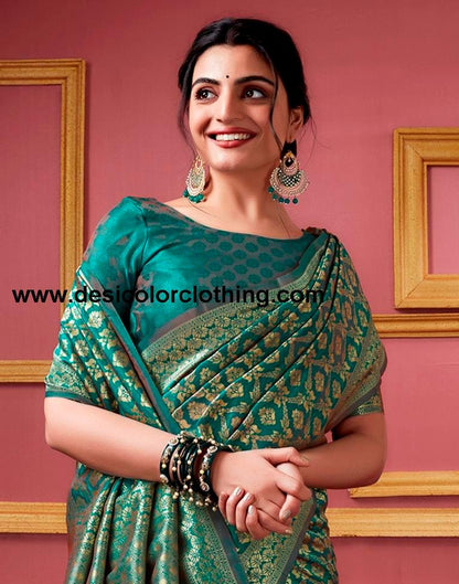 Teal Blue Silk Weaving Saree