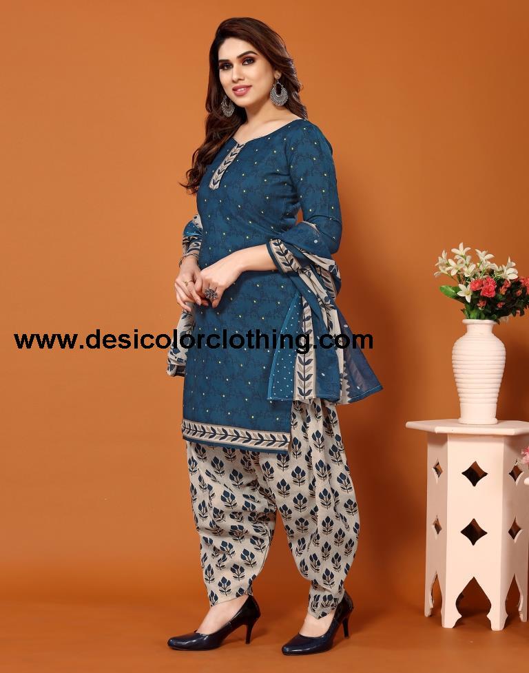 Blue Printed Cotton Unstitched Salwar Suit Material